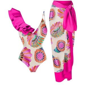 NWOT Vibrant Floral One-Shoulder Swim One Piece and coverup